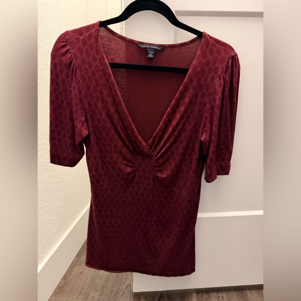 Banana Republic Deep Red Textured V-Neck Blouse